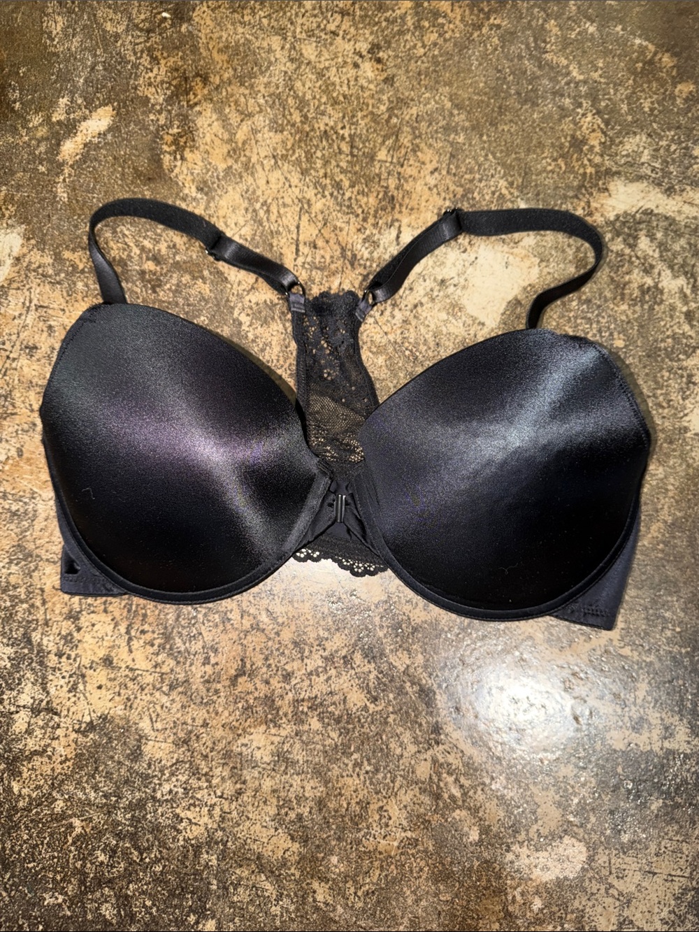 Smooth Satin T-Shirt Bra with Lace Back - Black